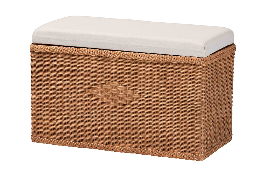 bali & pari Eamon Braided Natural Rattan Storage Bench with Cushioned Lift-Top Lid - Coastal Boho Style Chest for Bedroom, Entryway, or Living Room Organization, 31" Rectangle, Brown FredCo