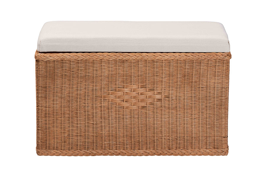 bali & pari Eamon Braided Natural Rattan Storage Bench with Cushioned Lift-Top Lid - Coastal Boho Style Chest for Bedroom, Entryway, or Living Room Organization, 31" Rectangle, Brown FredCo