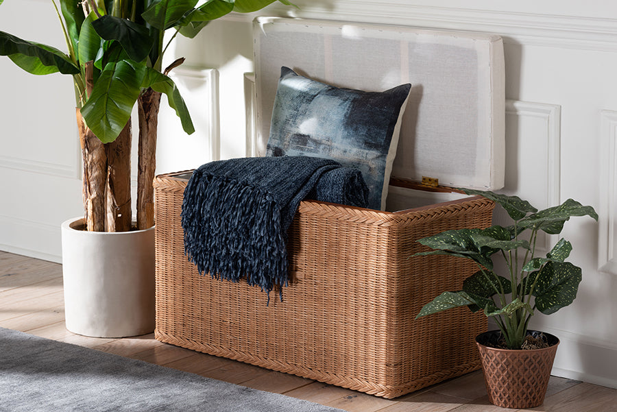 bali & pari Eamon Braided Natural Rattan Storage Bench with Cushioned Lift-Top Lid - Coastal Boho Style Chest for Bedroom, Entryway, or Living Room Organization, 31" Rectangle, Brown FredCo