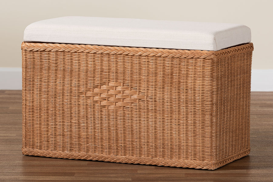bali & pari Eamon Braided Natural Rattan Storage Bench with Cushioned Lift-Top Lid - Coastal Boho Style Chest for Bedroom, Entryway, or Living Room Organization, 31" Rectangle, Brown FredCo