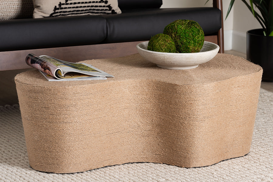 Bali & Pari Edna Natural Jute Irregular Shape Coffee Table – Handwoven Textured Boho Accent for Living Room FredCo