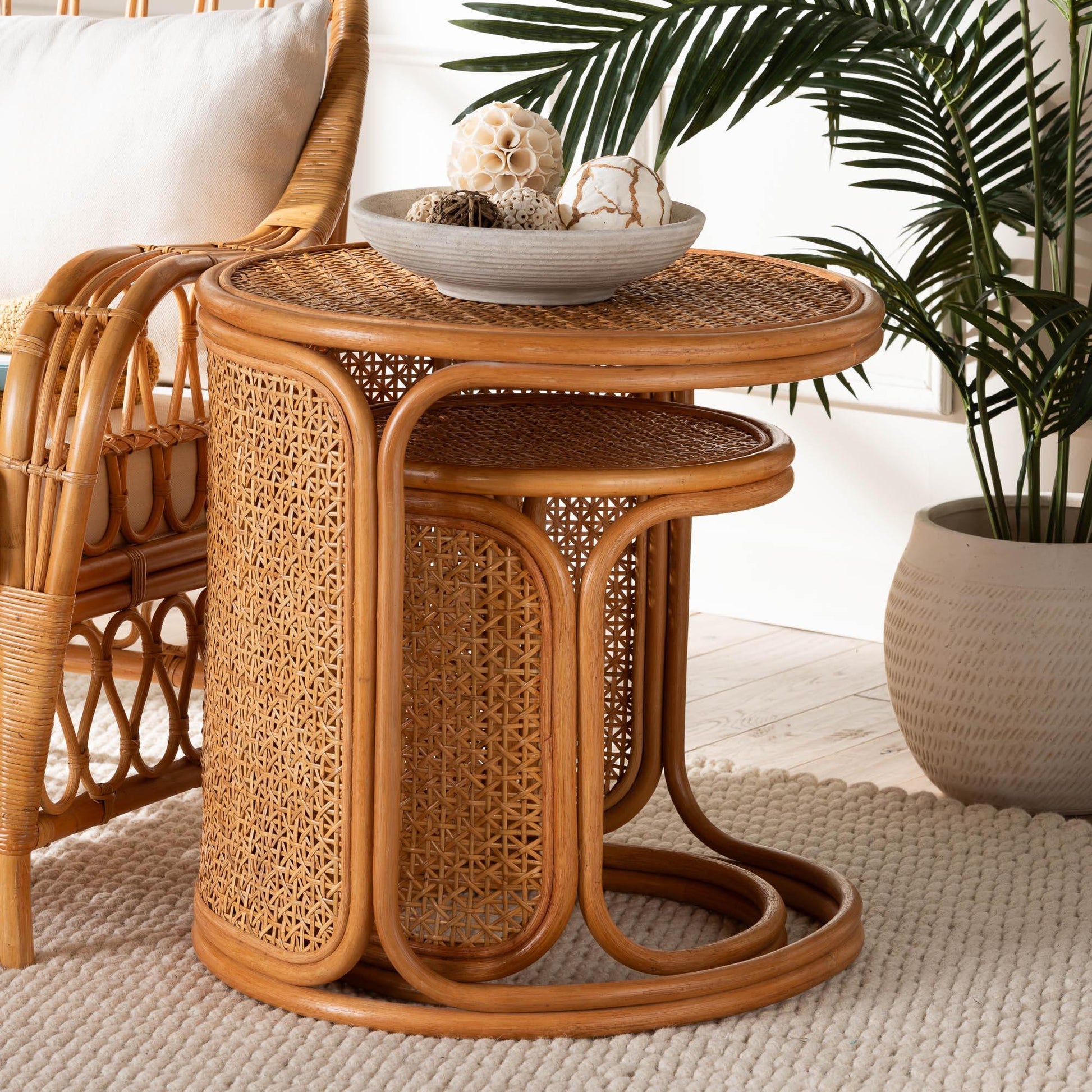 bali & pari Eldon Bohemian Honey Rattan 2-Piece Nesting End Table Set FredCo
