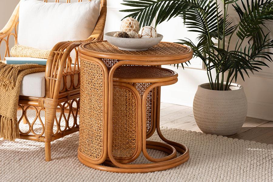 bali & pari Eldon Bohemian Honey Rattan 2-Piece Nesting End Table Set FredCo