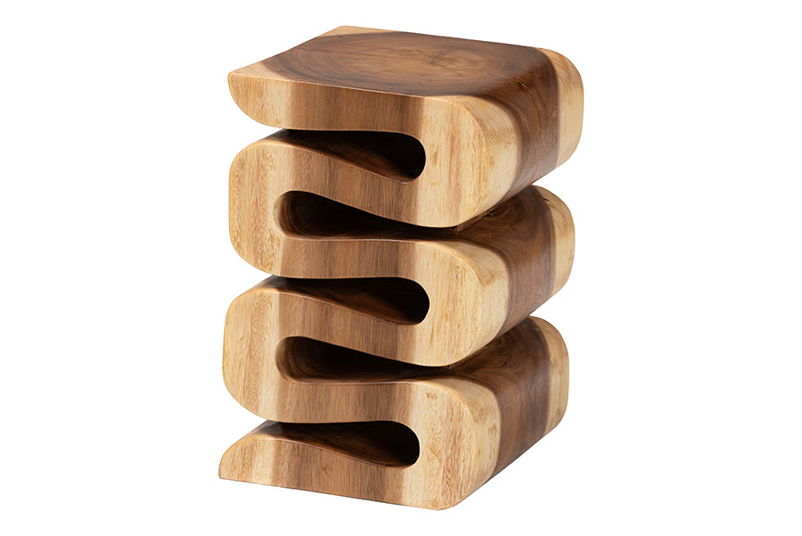 bali & pari Eliada Hand-carved Suar Wood Side Table - Wavy Sculptural Accent Table with Stacked Design, Modern Boho Style for Living Room or Bedroom FredCo