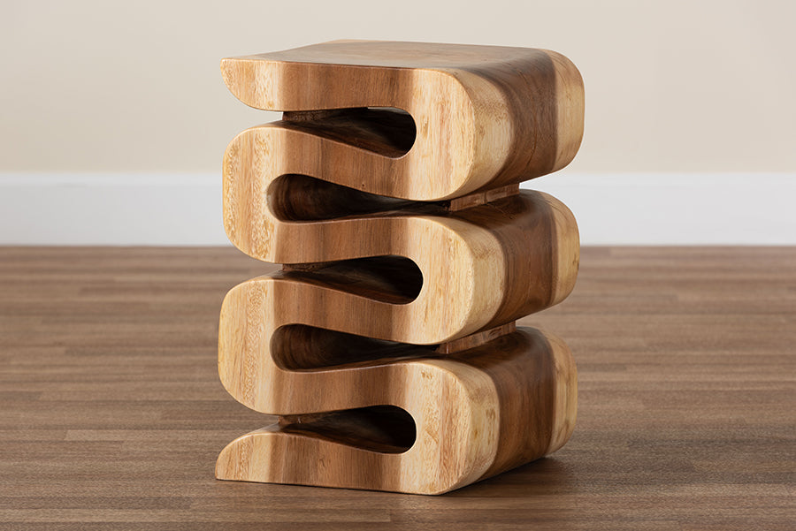 bali & pari Eliada Hand-carved Suar Wood Side Table - Wavy Sculptural Accent Table with Stacked Design, Modern Boho Style for Living Room or Bedroom FredCo