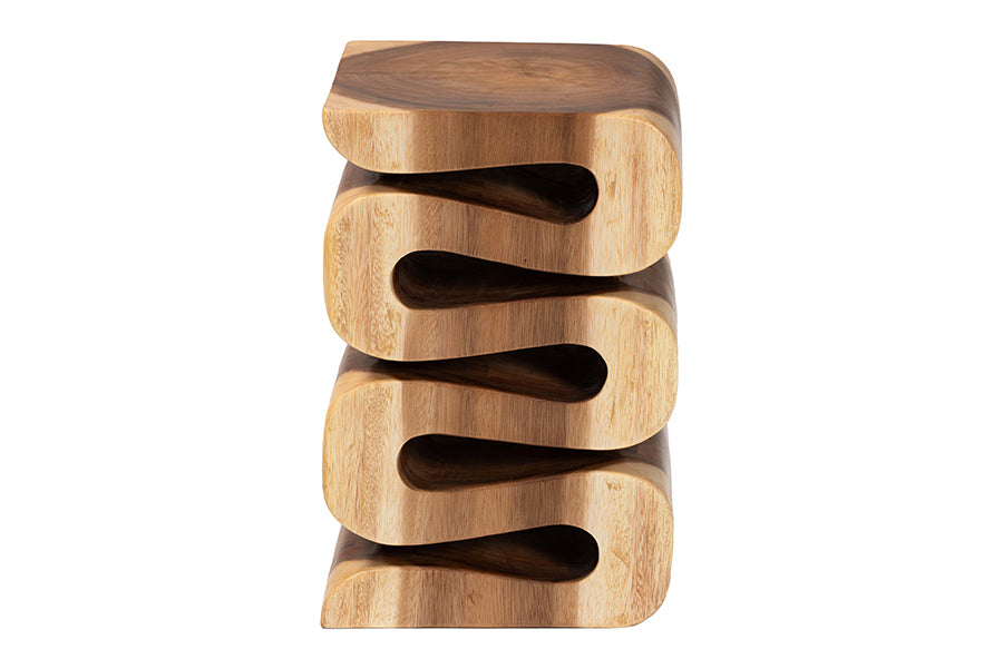bali & pari Eliada Hand-carved Suar Wood Side Table - Wavy Sculptural Accent Table with Stacked Design, Modern Boho Style for Living Room or Bedroom FredCo