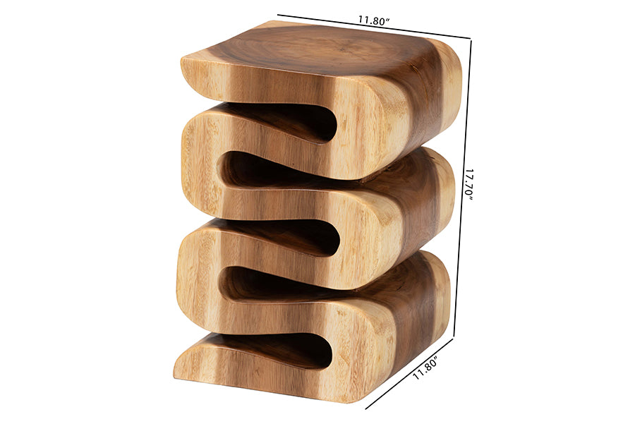bali & pari Eliada Hand-carved Suar Wood Side Table - Wavy Sculptural Accent Table with Stacked Design, Modern Boho Style for Living Room or Bedroom FredCo