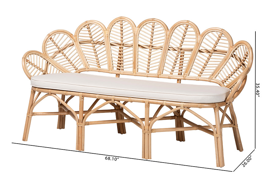 bali & pari Eliava Natural Rattan Accent Bench with Removable Cushion - Coastal Boho Style Loveseat with Scalloped Fan Back Design for Indoor Living Room or Sunroom Seating FredCo
