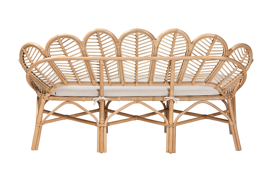 bali & pari Eliava Natural Rattan Accent Bench with Removable Cushion - Coastal Boho Style Loveseat with Scalloped Fan Back Design for Indoor Living Room or Sunroom Seating FredCo