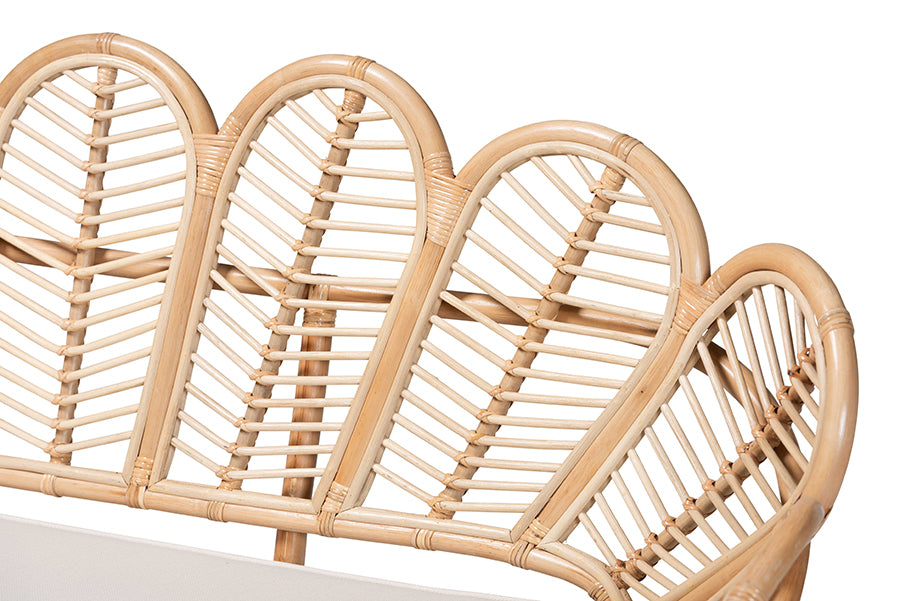 bali & pari Eliava Natural Rattan Accent Bench with Removable Cushion - Coastal Boho Style Loveseat with Scalloped Fan Back Design for Indoor Living Room or Sunroom Seating FredCo