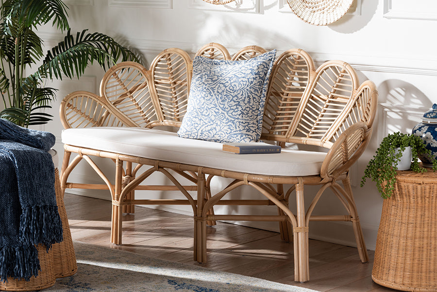 bali & pari Eliava Natural Rattan Accent Bench with Removable Cushion - Coastal Boho Style Loveseat with Scalloped Fan Back Design for Indoor Living Room or Sunroom Seating FredCo