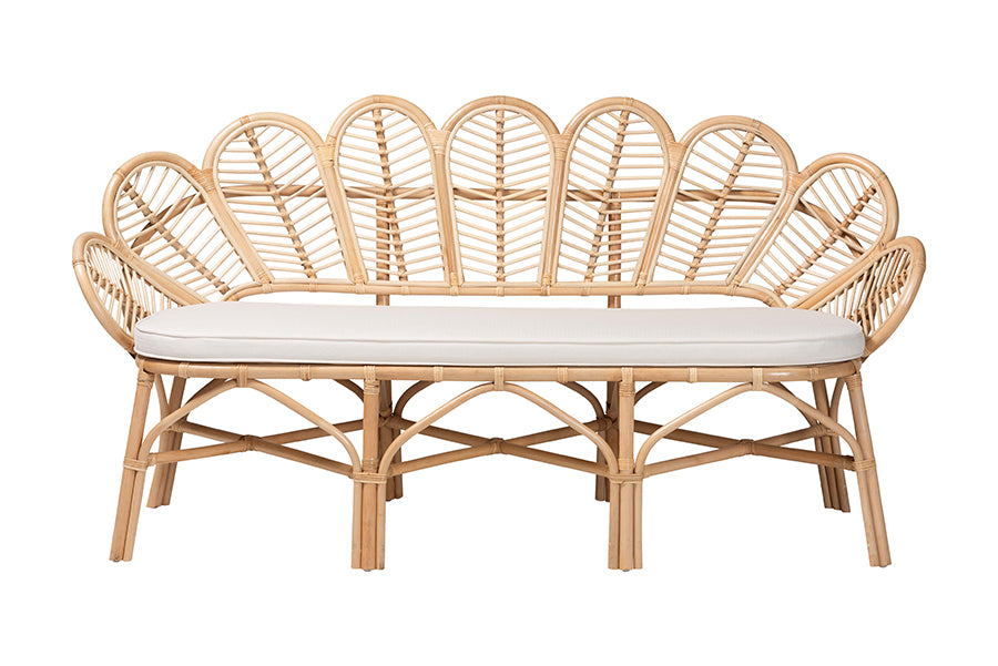 bali & pari Eliava Natural Rattan Accent Bench with Removable Cushion - Coastal Boho Style Loveseat with Scalloped Fan Back Design for Indoor Living Room or Sunroom Seating FredCo