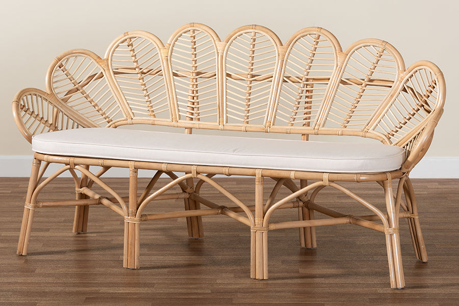 bali & pari Eliava Natural Rattan Accent Bench with Removable Cushion - Coastal Boho Style Loveseat with Scalloped Fan Back Design for Indoor Living Room or Sunroom Seating FredCo