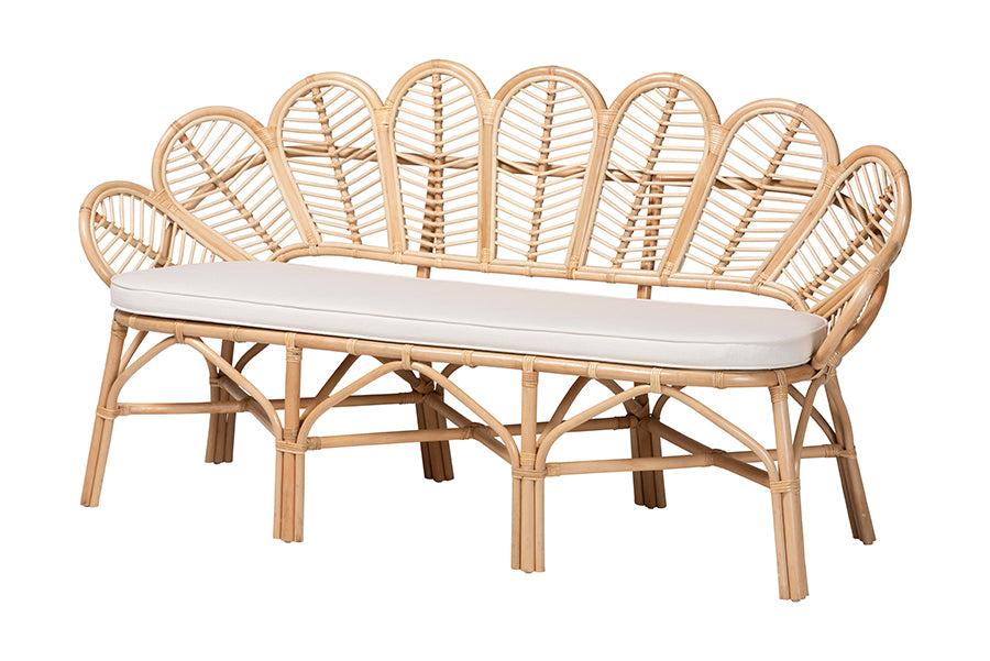 bali & pari Eliava Natural Rattan Accent Bench with Removable Cushion - Coastal Boho Style Loveseat with Scalloped Fan Back Design for Indoor Living Room or Sunroom Seating FredCo
