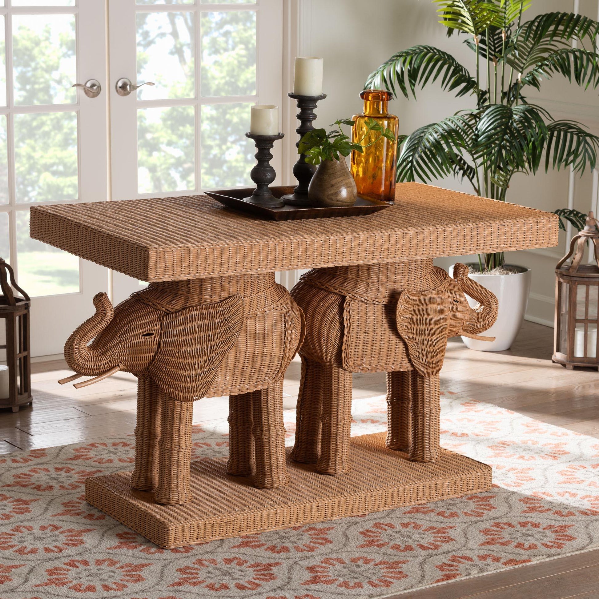 bali & pari Elissa Bohemian Honey Rattan Elephant Console Table FredCo
