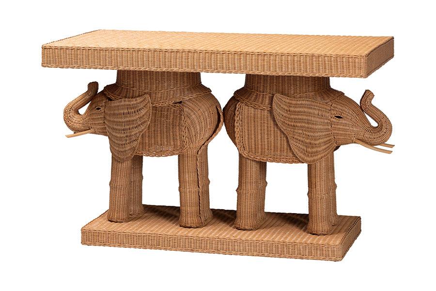 bali & pari Elissa Bohemian Honey Rattan Elephant Console Table FredCo