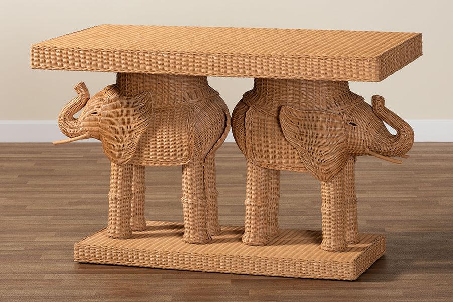 bali & pari Elissa Bohemian Honey Rattan Elephant Console Table FredCo
