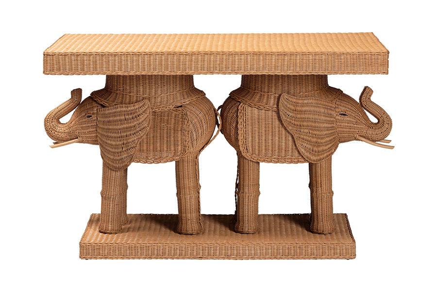 bali & pari Elissa Bohemian Honey Rattan Elephant Console Table FredCo