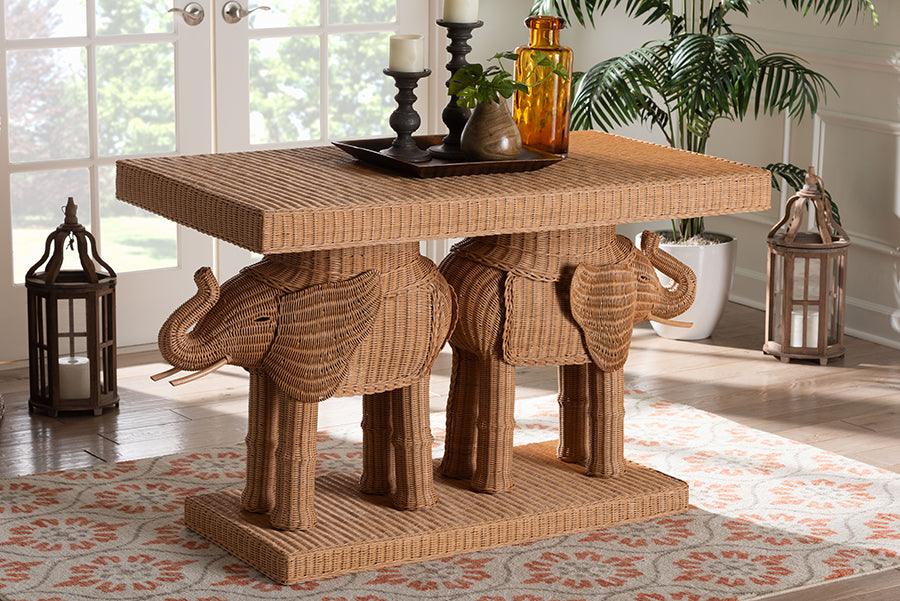 bali & pari Elissa Bohemian Honey Rattan Elephant Console Table FredCo