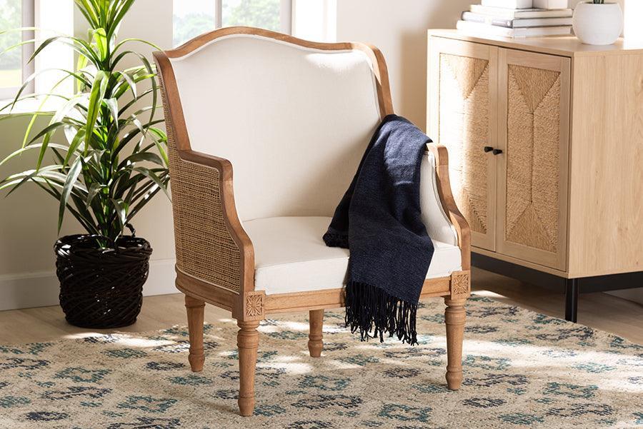 bali & pari Elizette Traditional French Beige Fabric and Honey Oak Finished Wood Accent Chair FredCo