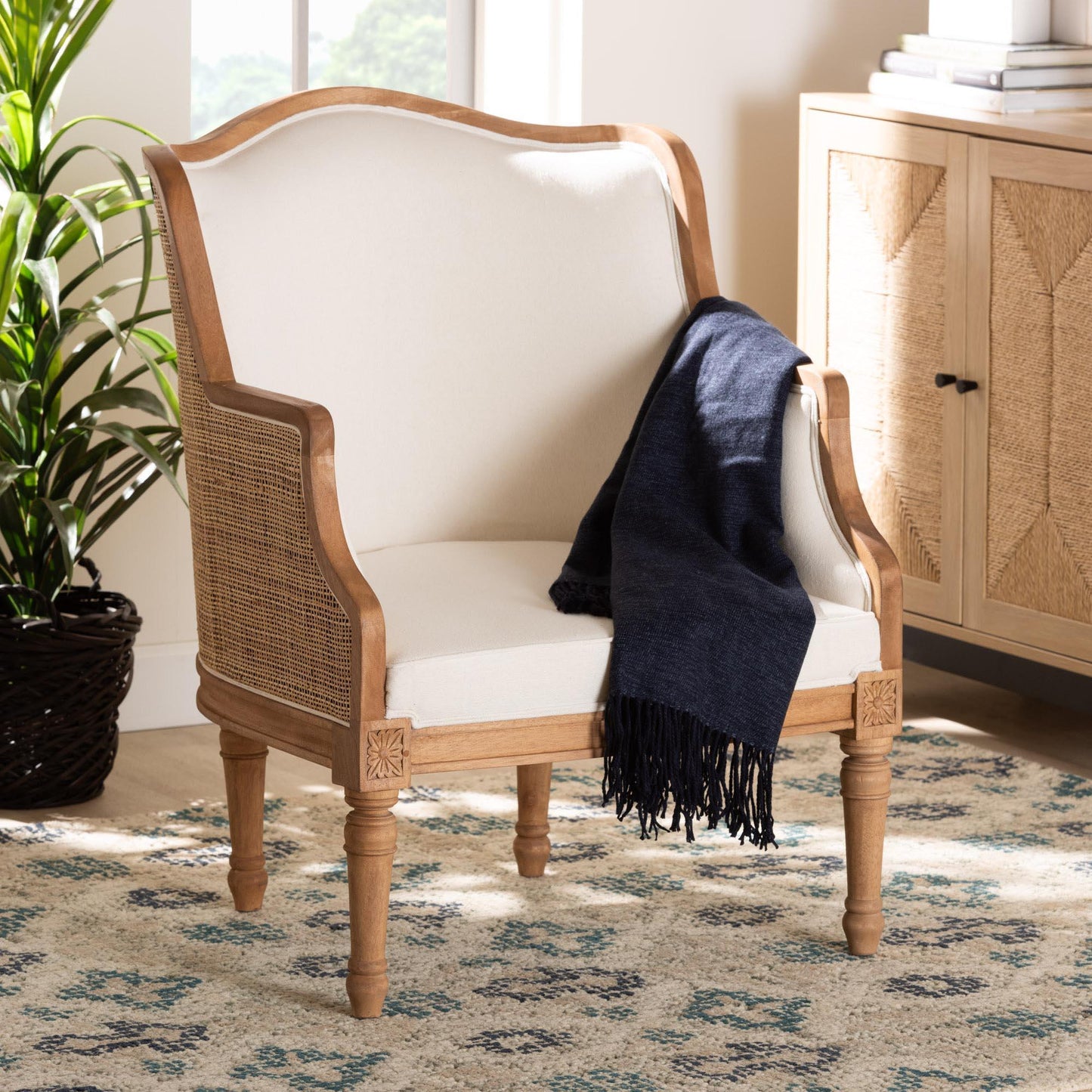 bali & pari Elizette Traditional French Beige Fabric and Honey Oak Finished Wood Accent Chair FredCo