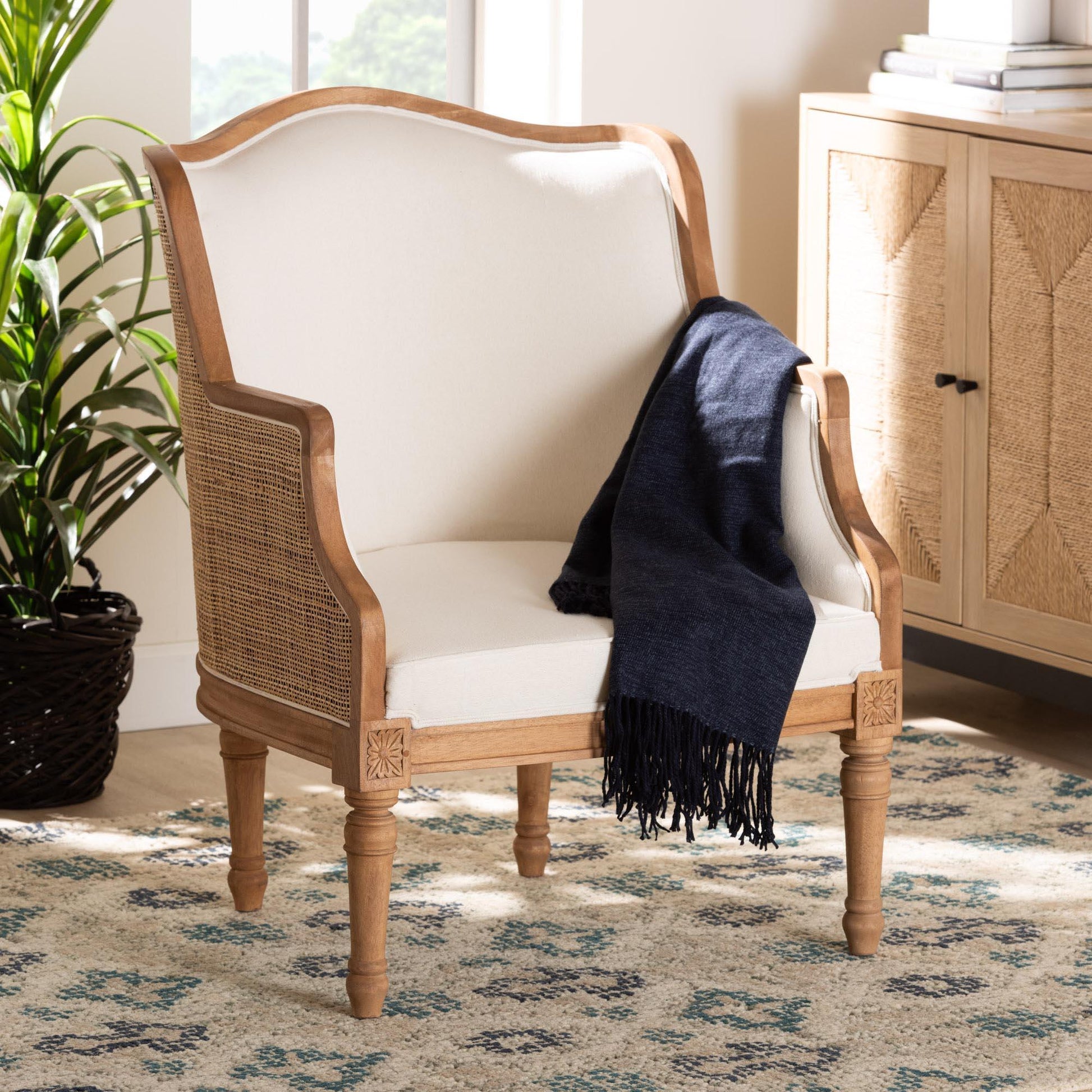 bali & pari Elizette Traditional French Beige Fabric and Honey Oak Finished Wood Accent Chair FredCo