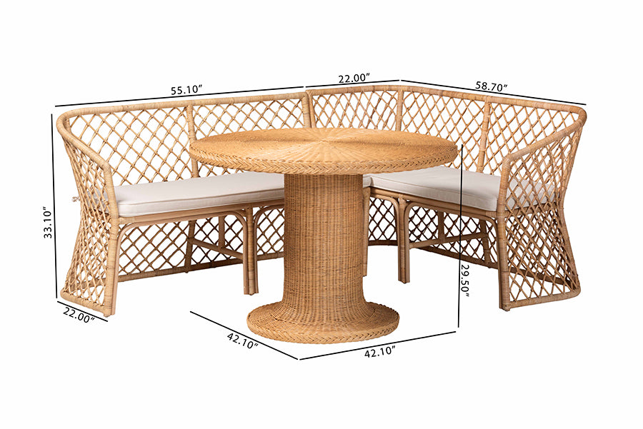bali & pari Ellard Bohemian Light Honey Rattan 3-Piece Dining Nook Set FredCo
