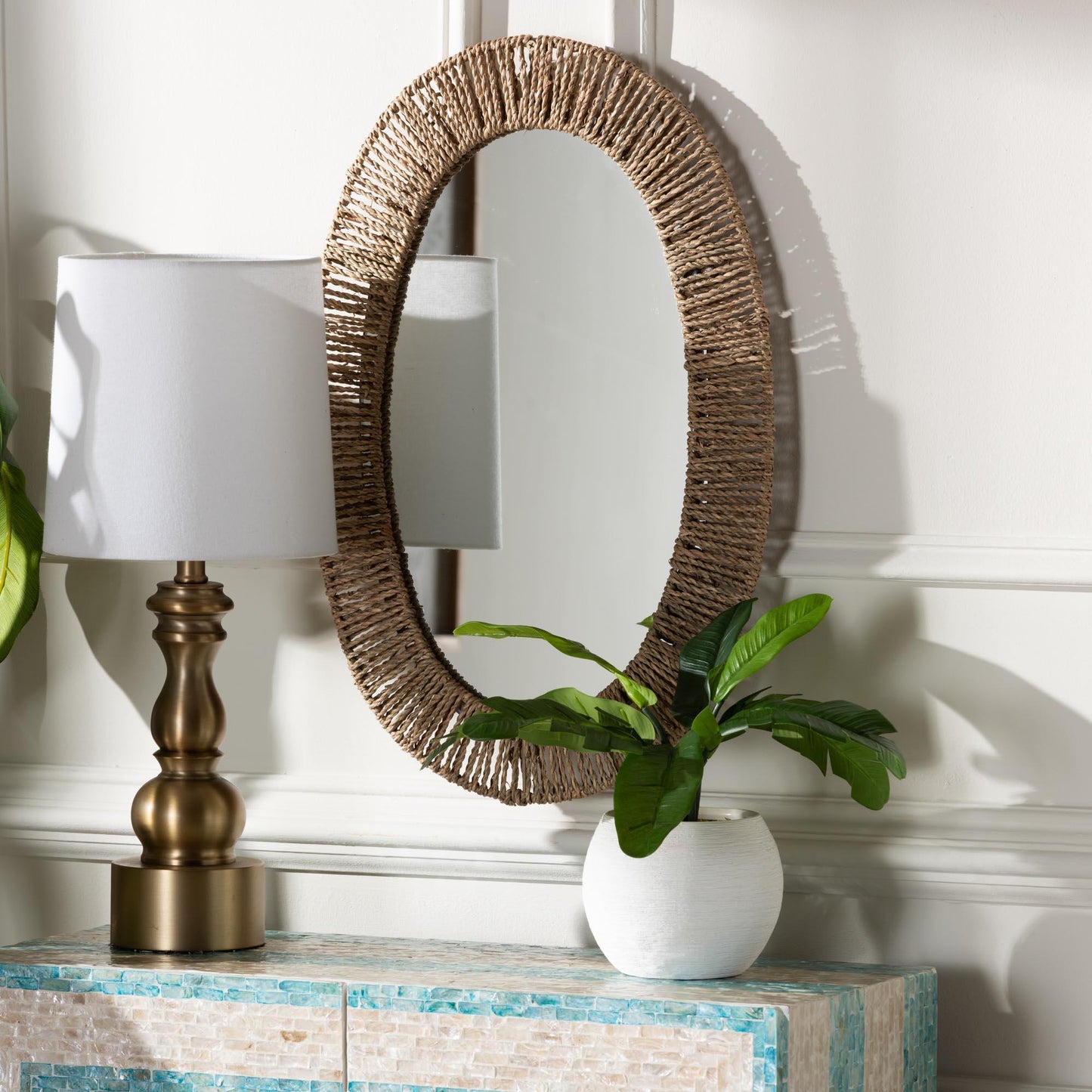 bali & pari Elwyn Modern Bohemian Metal and Natural Brown Seagrass Accent Wall Mirror FredCo