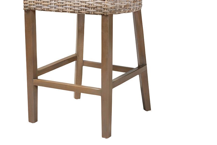 bali & pari Enver Modern Bohemian Grey Kubu Rattan and Mahogany Wood Counter Stool FredCo