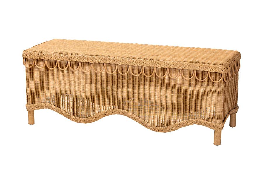bali & pari Erla Bohemian Light Honey Rattan Accent Bench with Scallop border FredCo