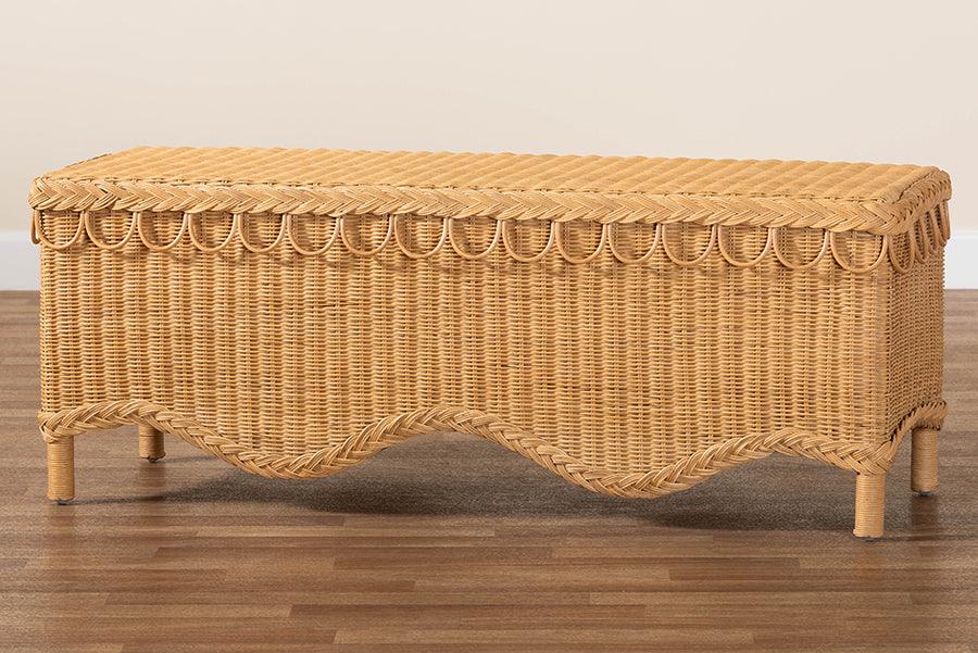 bali & pari Erla Bohemian Light Honey Rattan Accent Bench with Scallop border FredCo