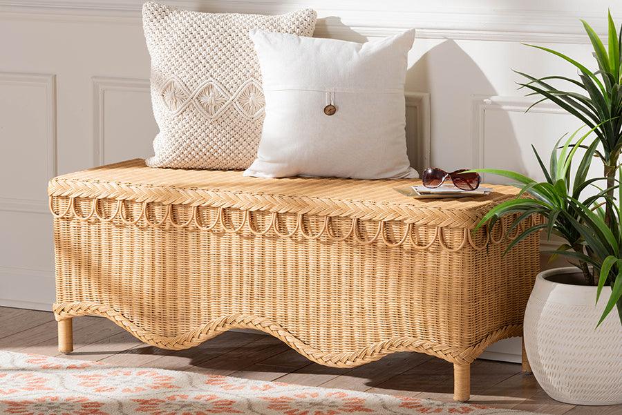 bali & pari Erla Bohemian Light Honey Rattan Accent Bench with Scallop border FredCo