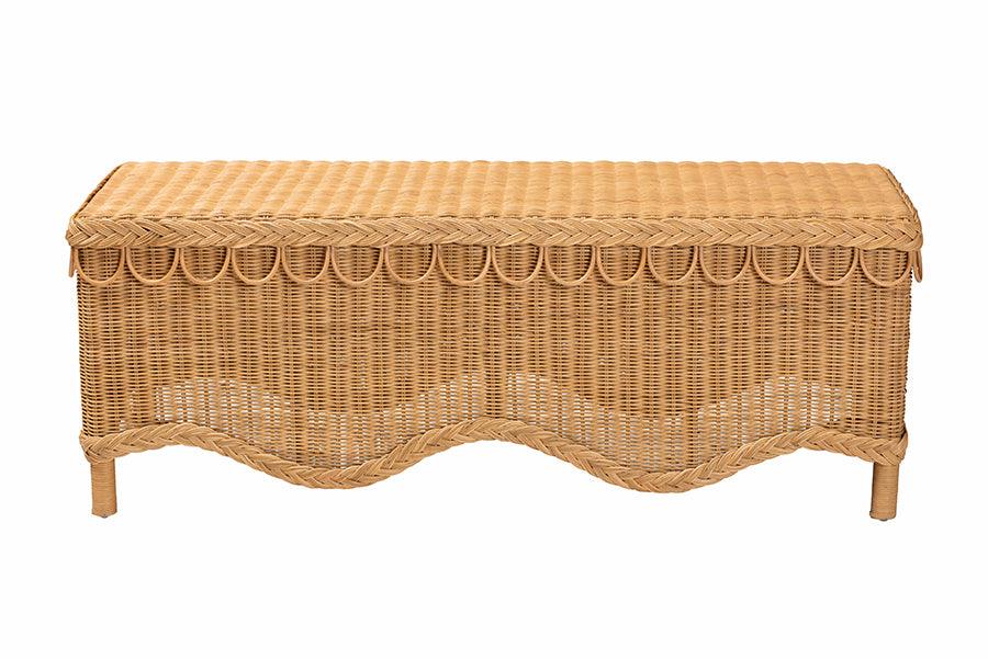 bali & pari Erla Bohemian Light Honey Rattan Accent Bench with Scallop border FredCo