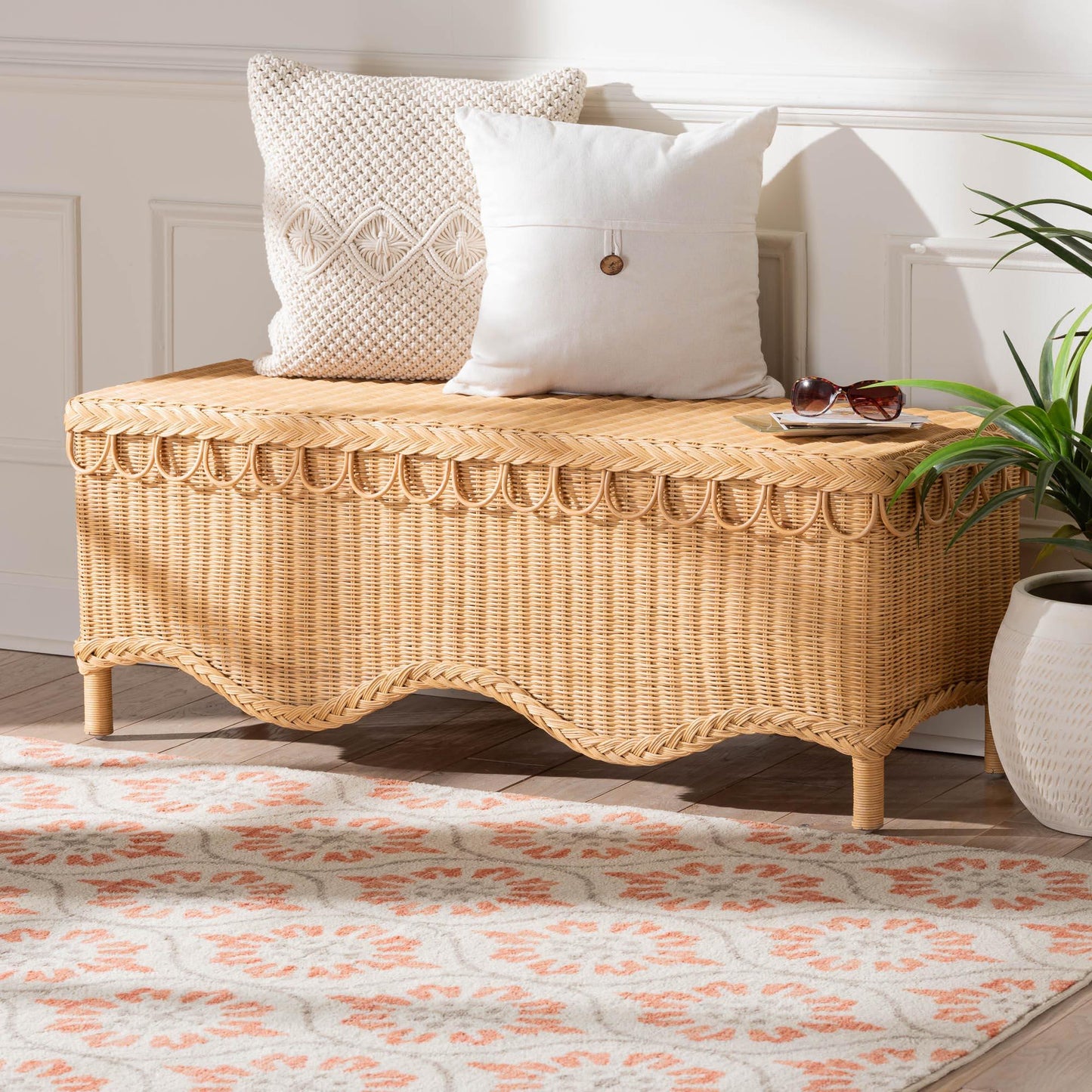 bali & pari Erla Bohemian Light Honey Rattan Accent Bench with Scallop border FredCo