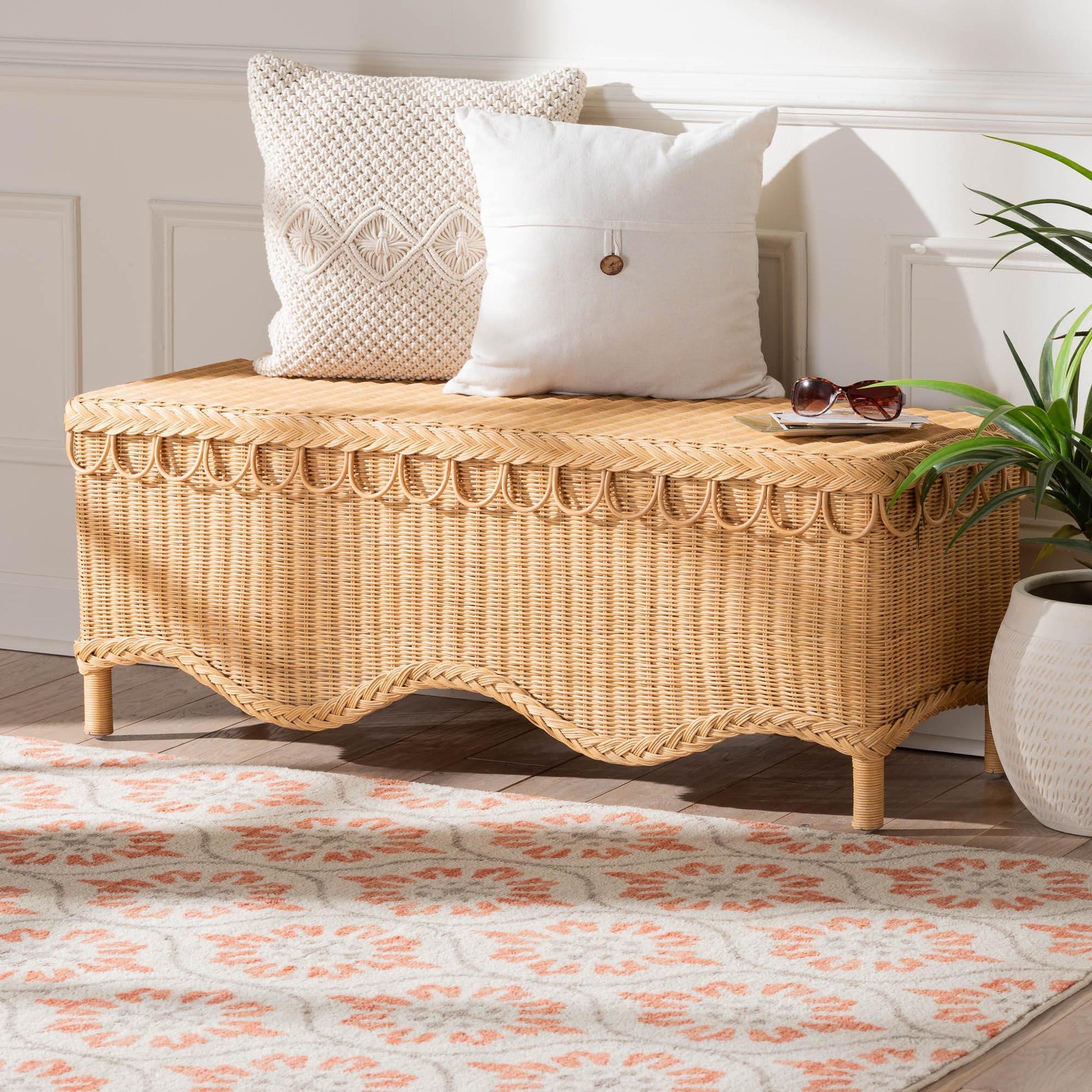 bali & pari Erla Bohemian Light Honey Rattan Accent Bench with Scallop border FredCo