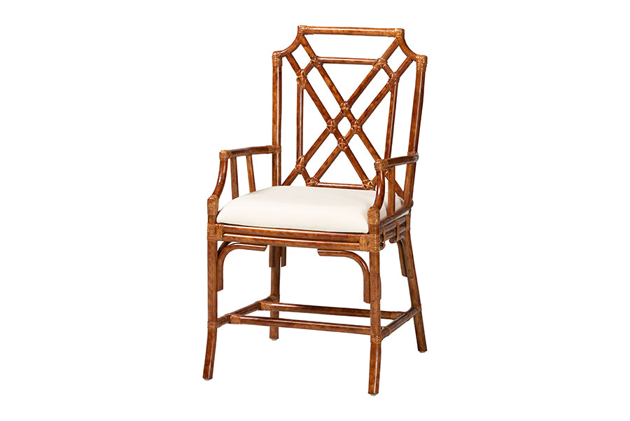 Wooden armchair with white cushion and lattice back, FredCo International furniture