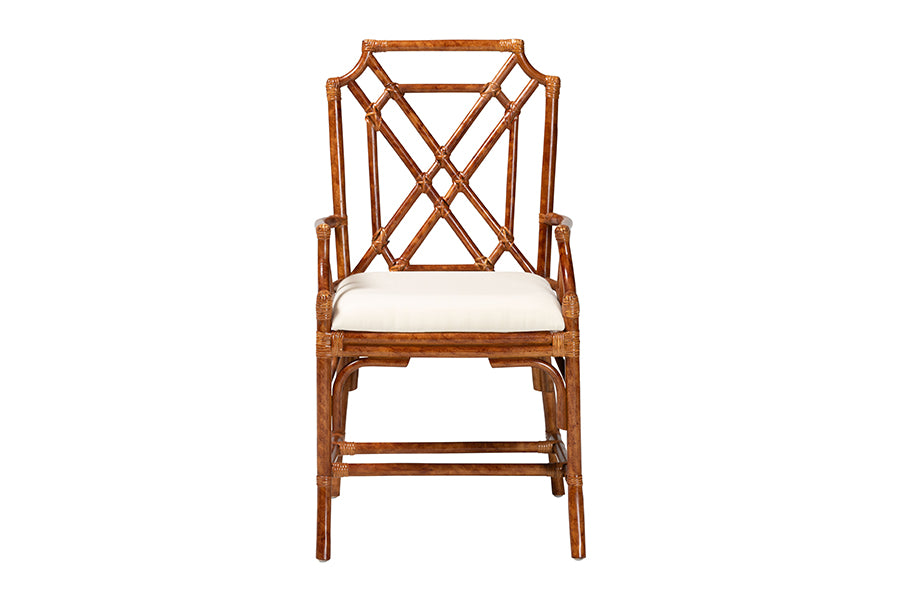 Wooden armchair with a geometric lattice back and white cushion from FredCo International