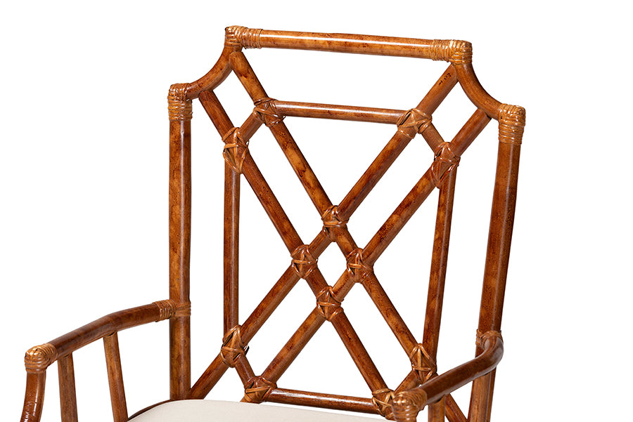 Brown bamboo dining chair with lattice backrest and armrests, FredCo International furniture