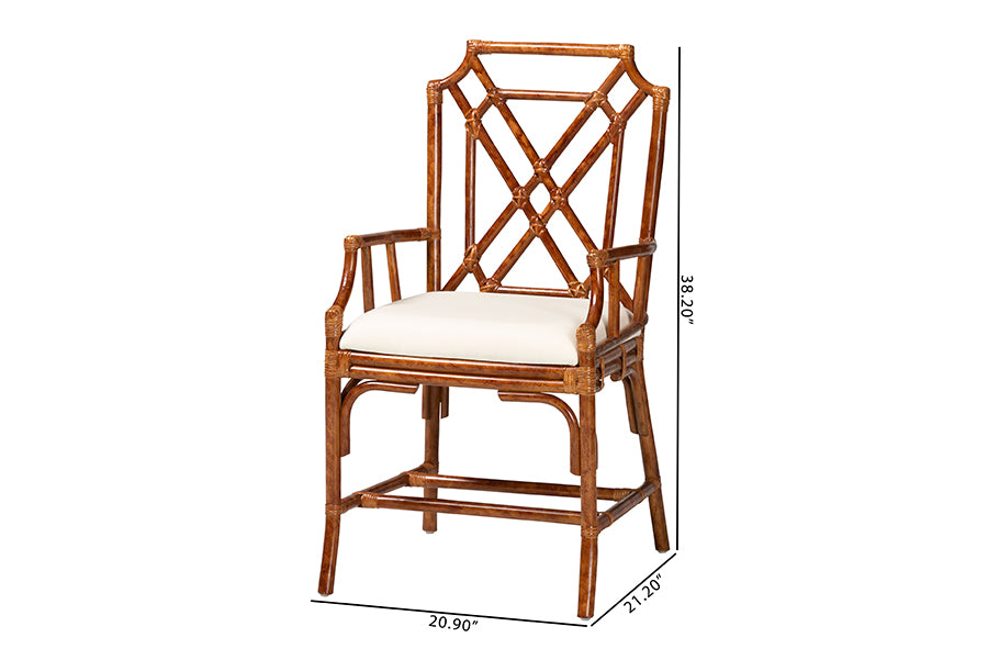 Wooden armchair with geometric backrest, white cushion, and dimensions for home furniture