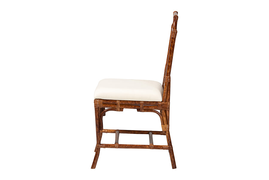 Side view of rattan dining chair with cushioned white seat from FredCo International