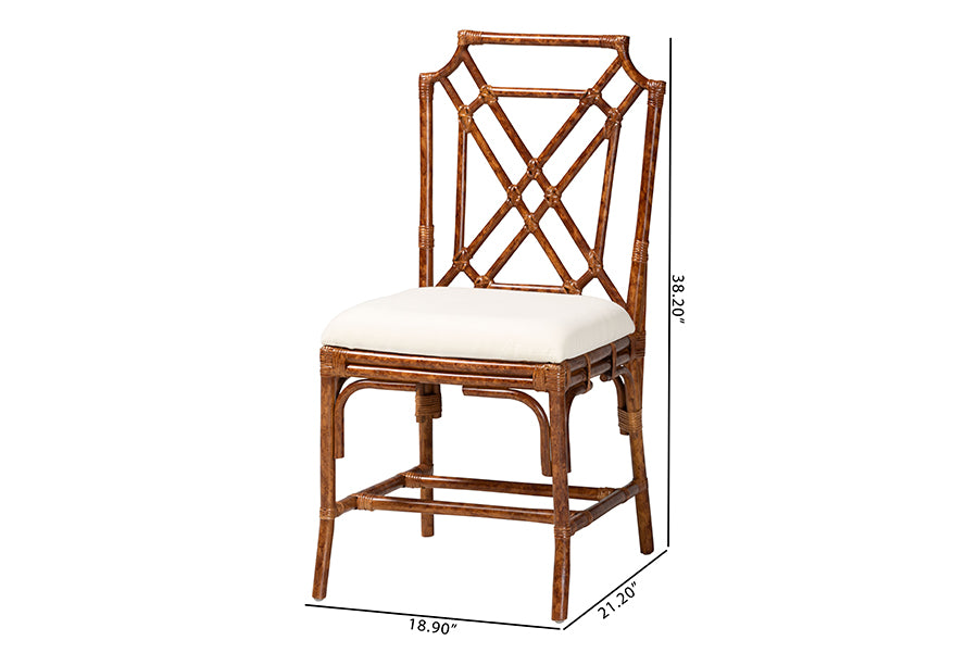 Wooden accent chair with geometric backrest and white cushion, home furniture dimensions shown