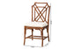 Wooden accent chair with geometric backrest and white cushion, home furniture dimensions shown