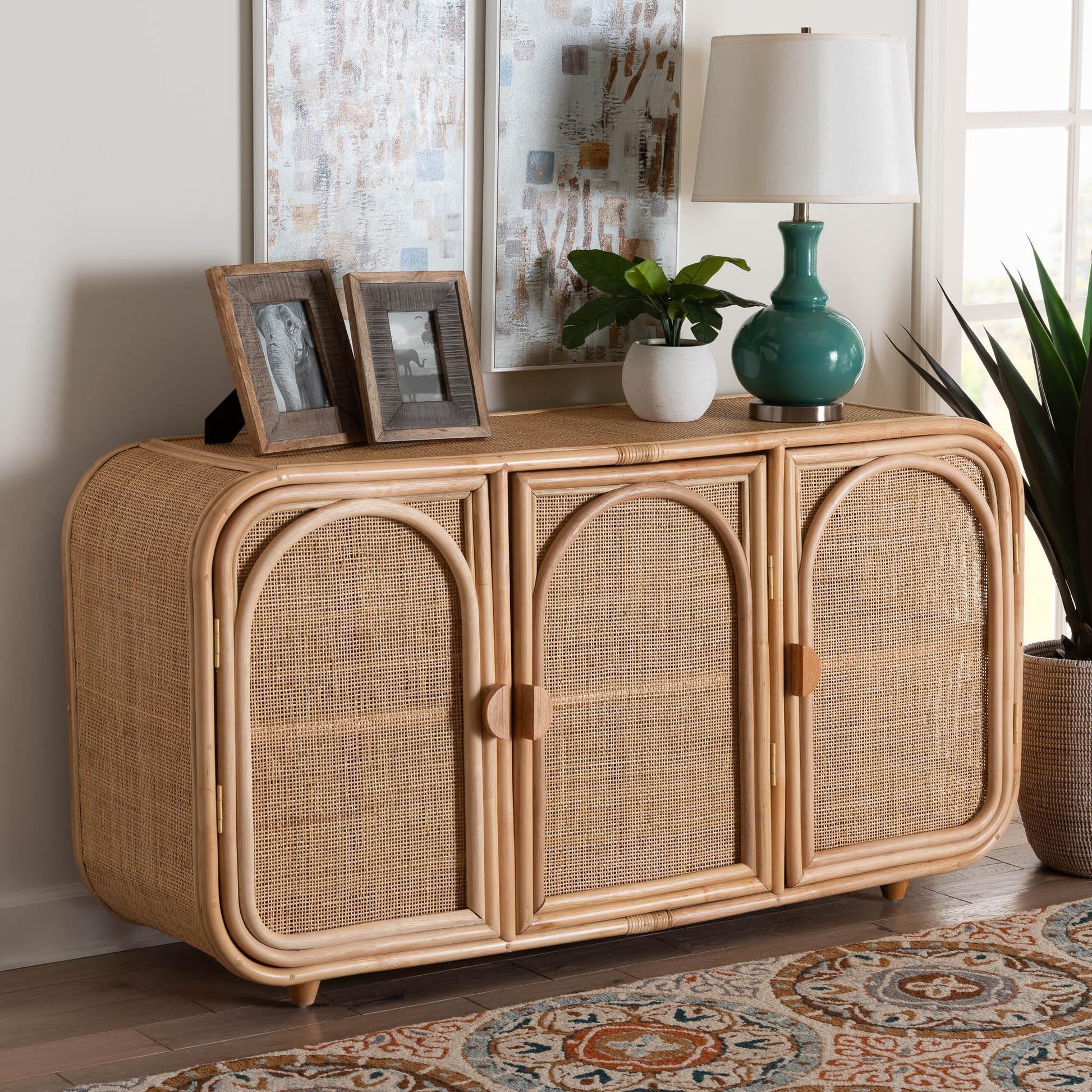 bali & pari Evania Bohemian Natural Rattan 3-Door Storage Cabinet FredCo