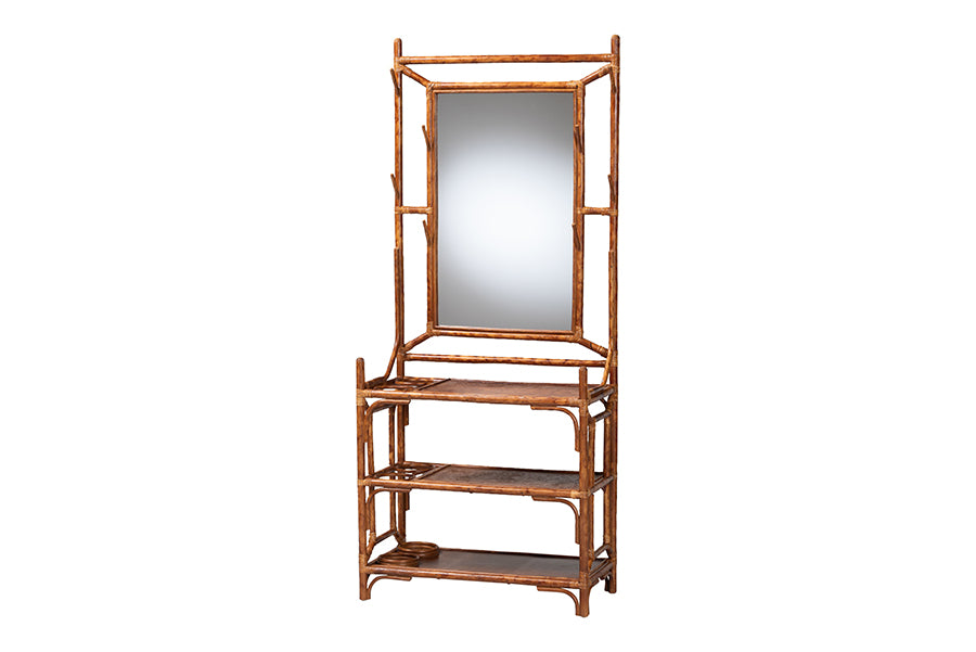Bamboo hall tree with mirror and three shelves, modern entryway furniture from FredCo International