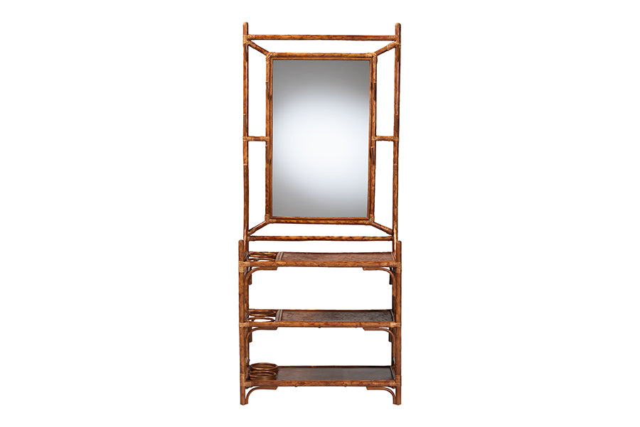 Bamboo wood étagère with shelves and a rectangular mirror, home furniture by FredCo International