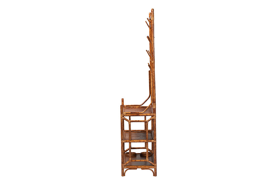 Side view of a tall bamboo rack with shelves, home furniture from FredCo International