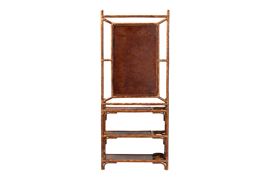 Tall wooden shelving unit with brown panel and three shelves, home furniture from FredCo International