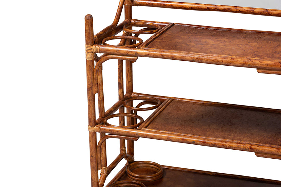 Wooden bar cart with three shelves and integrated round holders, FredCo International furniture
