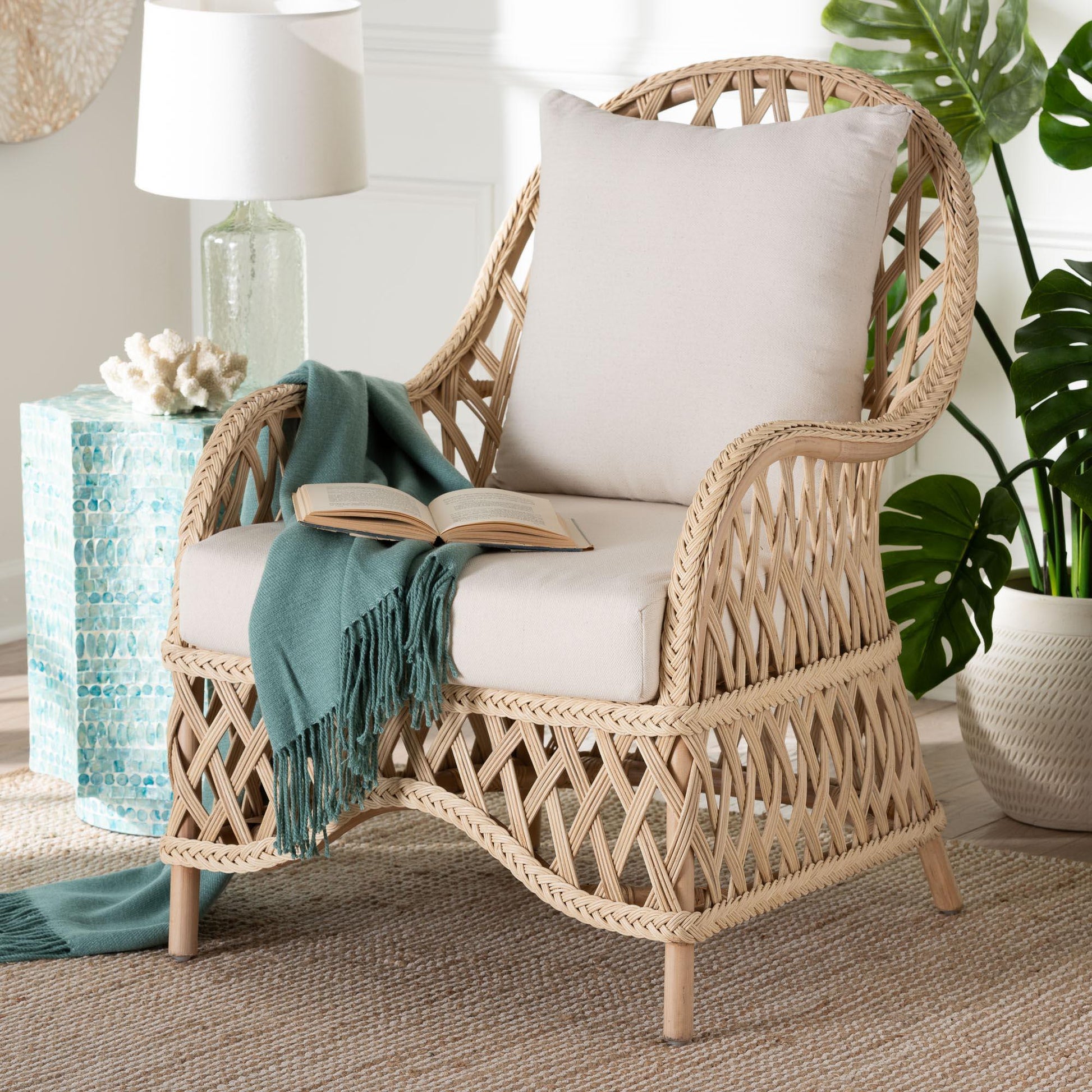 bali & pari Florence Bohemian Ivory Braided Rattan Arm Chair FredCo