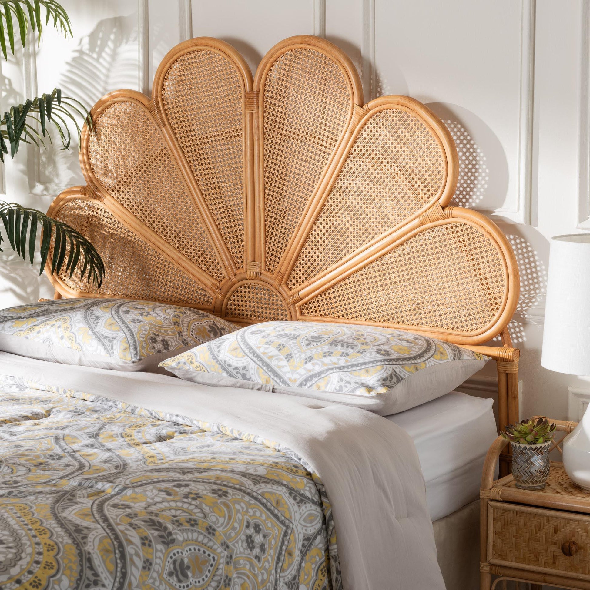 bali & pari Flower Modern Bohemian Honey Rattan Queen Size Standalone Headboard FredCo
